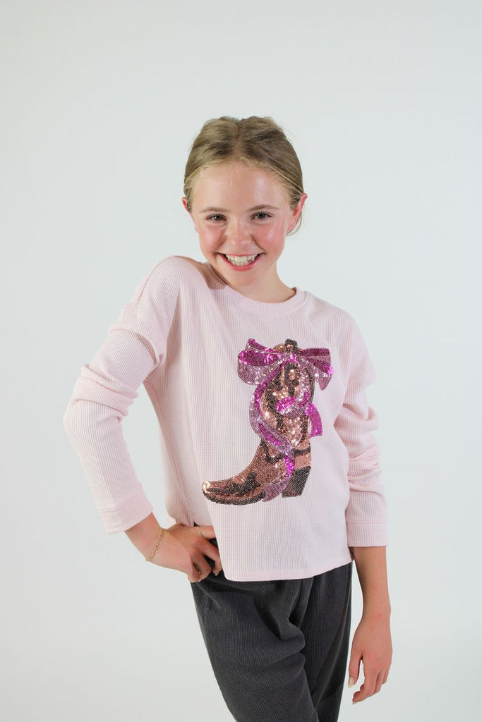Western Boot Sequin Waffle Shirt in Mauve
