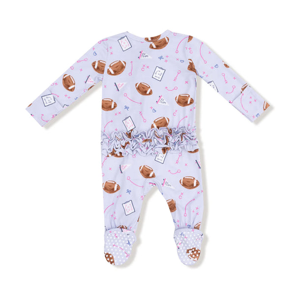 Touchdown Time in Lavender 2 Way Ruffle Zipper Footie Sleeper