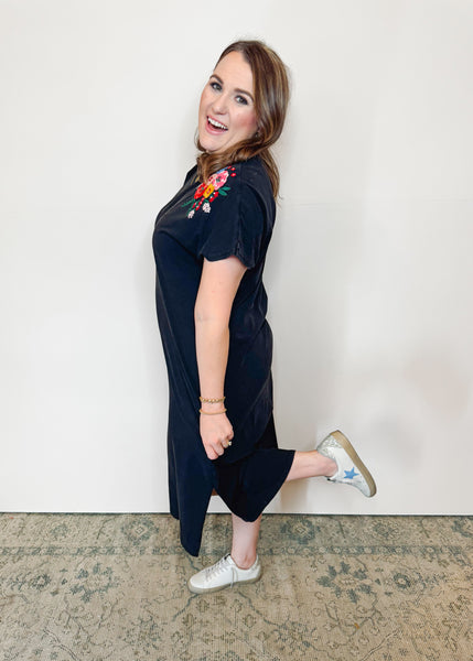 The Jo Dress Black with Multi Embroidery
