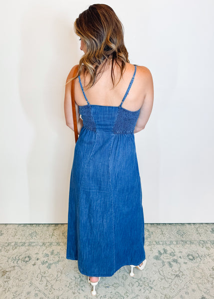 Angel Eyes Denim Midi Dress in Medium Indigo