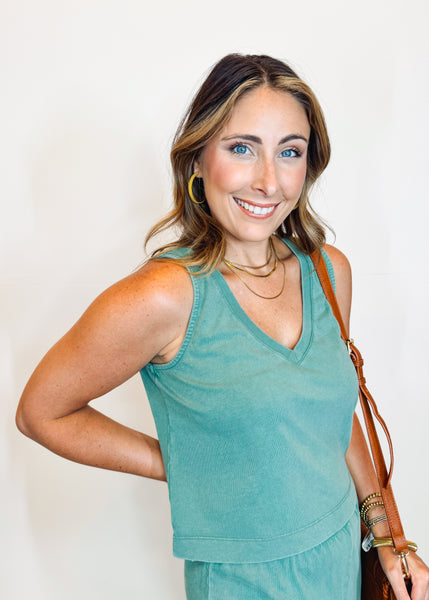 Sloane V-Neck Top in Hunter Green