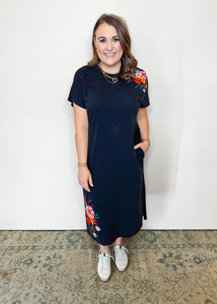 The Jo Dress Black with Multi Embroidery