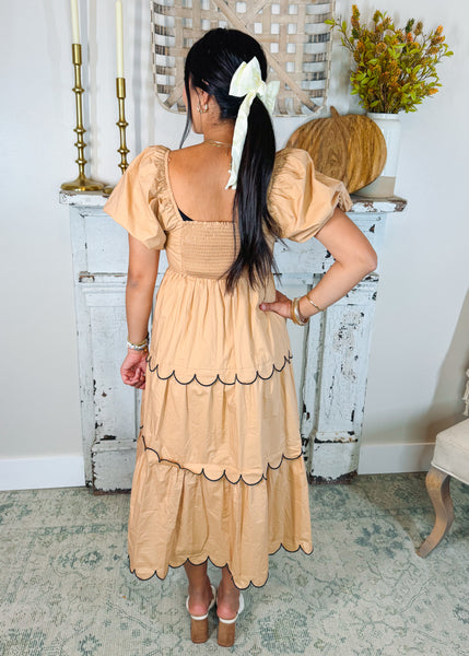 Tan & Black Scalloped Dress