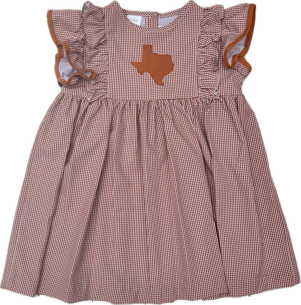 Texas Embroidered Burnt Orange Gingham Ruffle Dress