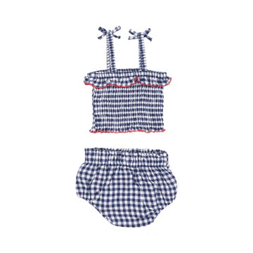 Navy Gingham Smocked Ruffle Top and Bloomer