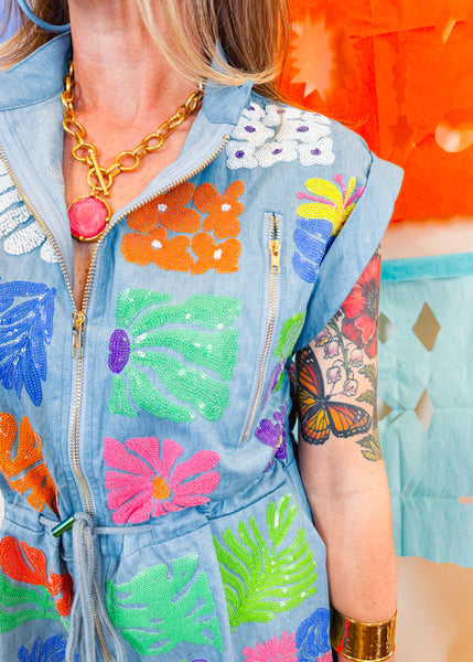 Denim Flower Tile Zipper Romper