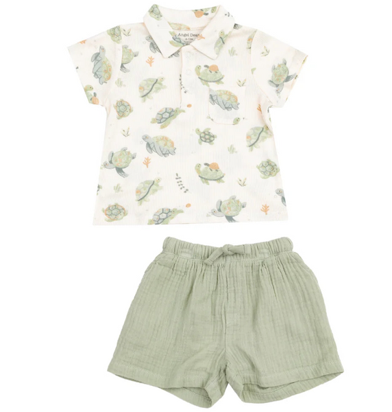 Sea Turtles Polo Shirt & Muslin Shorts Set