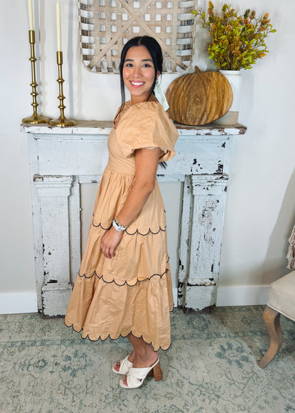 Tan & Black Scalloped Dress