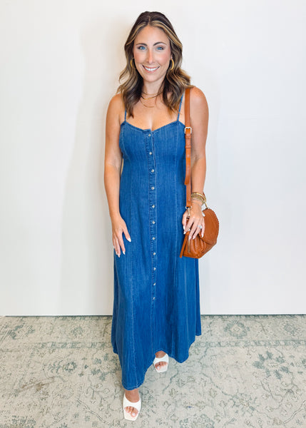 Angel Eyes Denim Midi Dress in Medium Indigo
