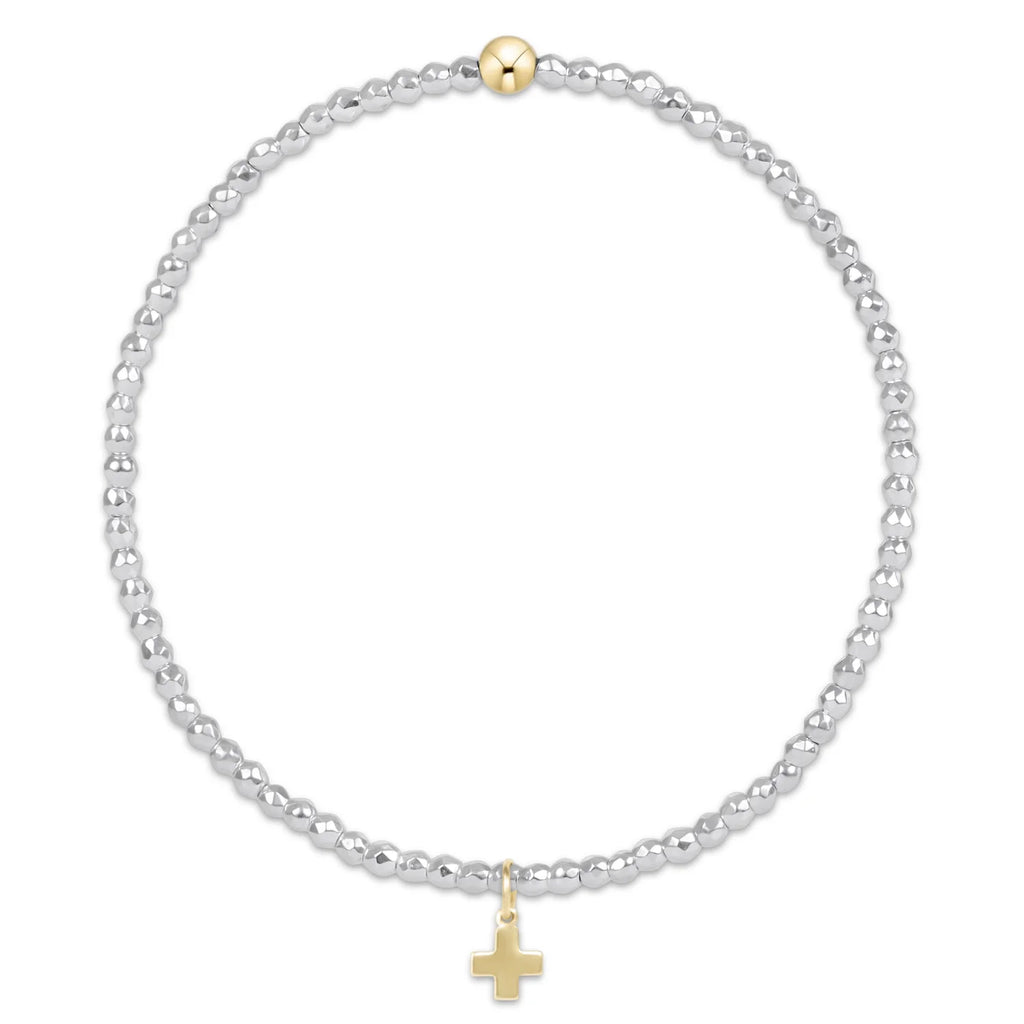 Bright Silver Faceted Hematite 2mm Bead Bracelet - Signature Cross Gold Charm EXTENDS