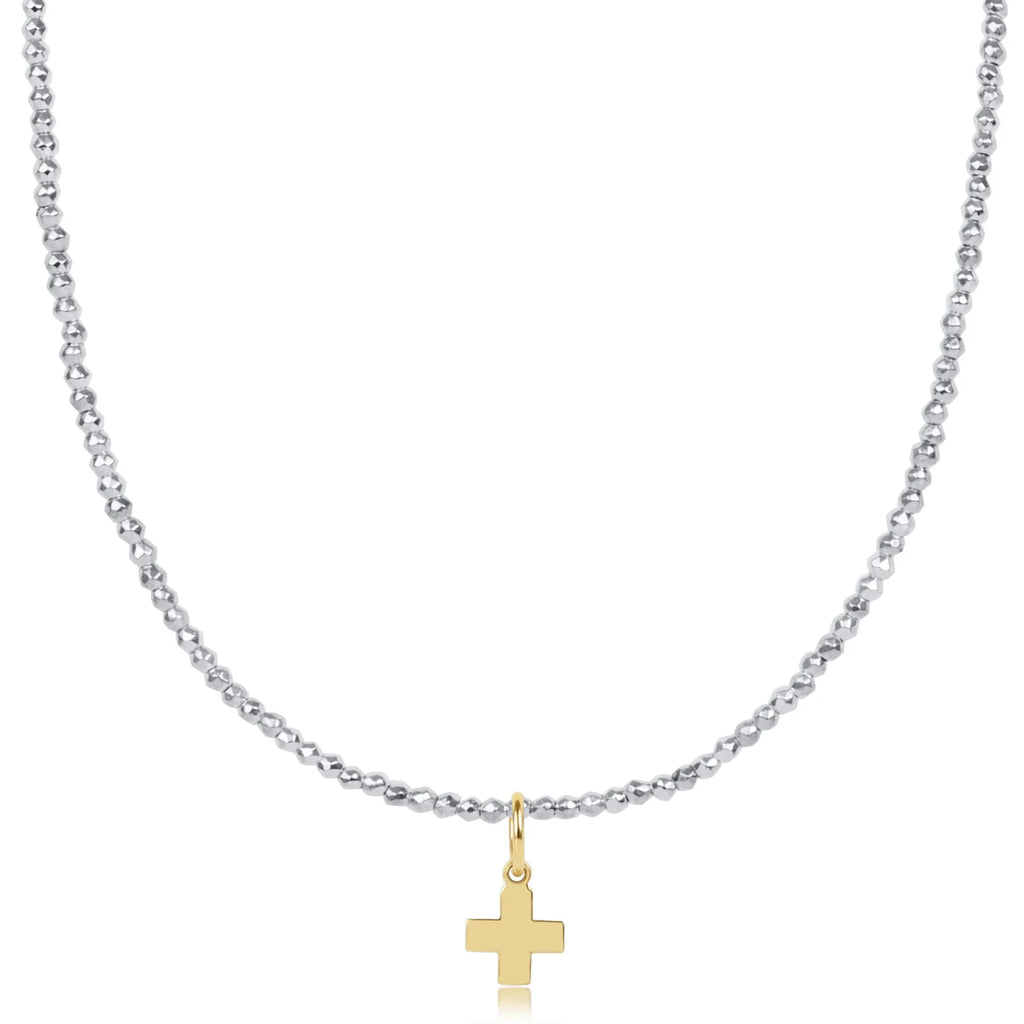 Choker Bright Silver Faceted Hematite 2mm Bead  15"- Signature Cross Gold Charm