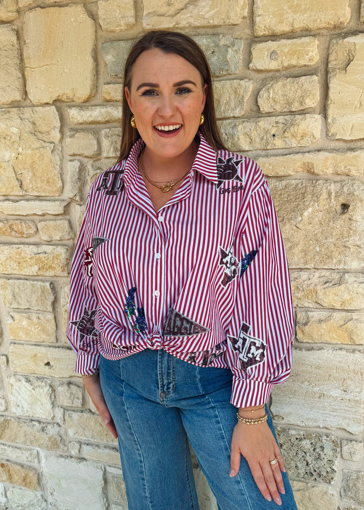 Texas A&M Mini Icon Striped Button Down