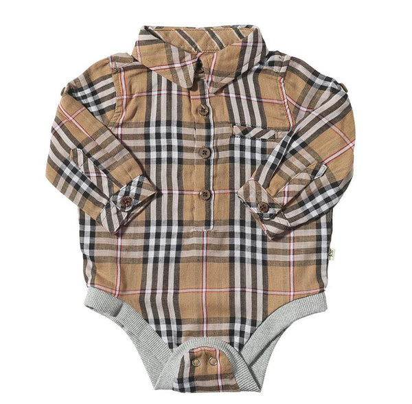 Jasper Plaid Woven Onesie in Brown Black & Red