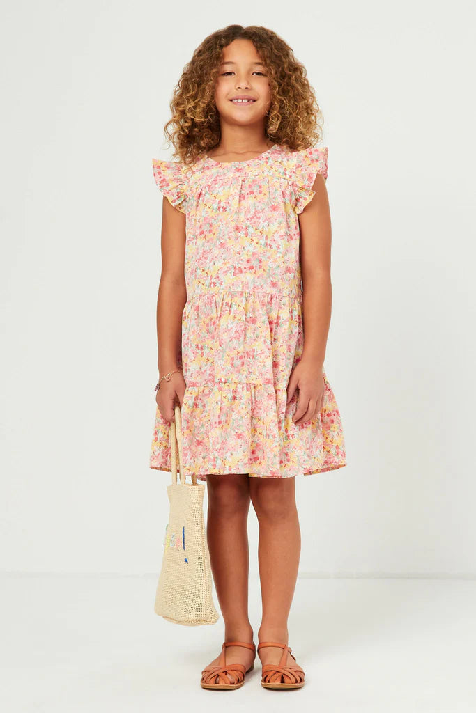 Floral Ruffle Sleeve Tiered Dress in Red