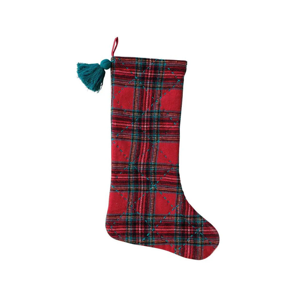 Cotton Flannel Stocking with Tassel, Red and Green Plaid