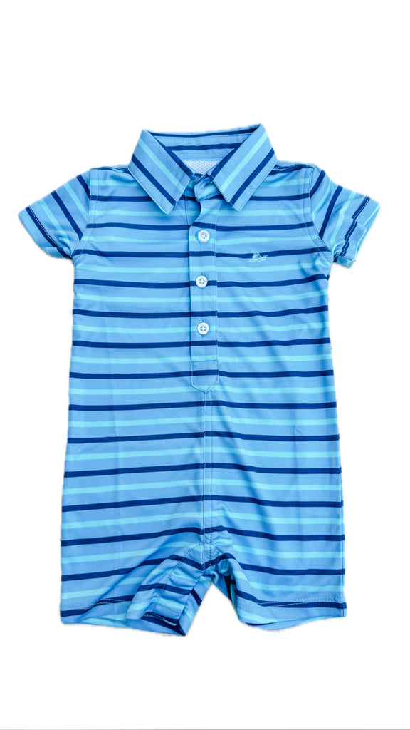 Striped Polo Romper in Navy/Captain Blue/Ice