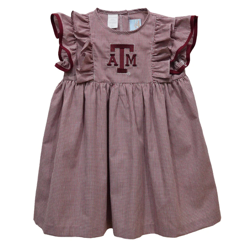 Texas A&M Embroidered Maroon Gingham Ruffle Dress