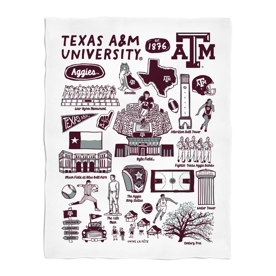 Texas A&M Aggies White Hand Sketched Minky Blanket