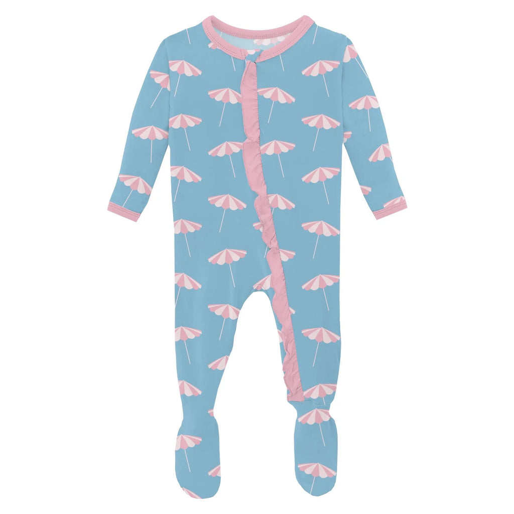 Seaside Blue Beach Umbrellas Print Layette Ruffle Footie with 2 way Zipper