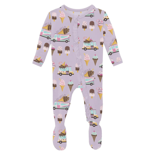 Thistle Ice Cream Truck Print Layette Ruffle Footie with 2 Way Zipper