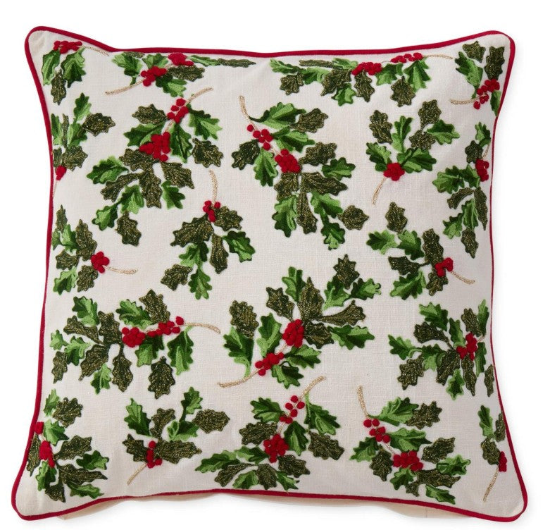 20" Holly Leaves & Berries Cream Cotton Pillow