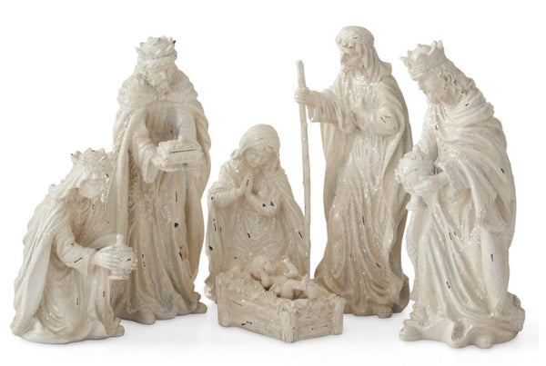 6 Piece White Glittered Nativity Set