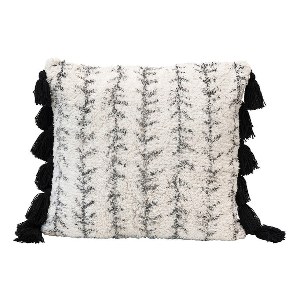 18" Square Cotton Printed Tufted Pillow w/ Tassels, Black & Cream Color
