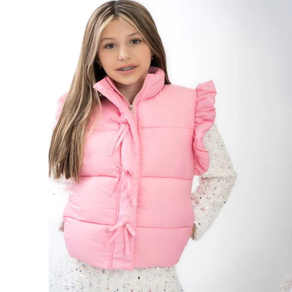 Pink Ruffle Puffer Vest with Front Bows