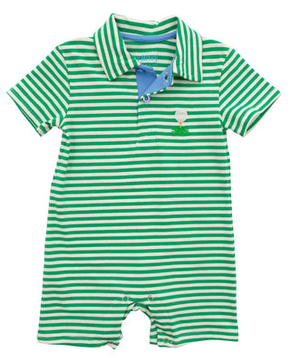 Golf Polo Romper in Green & White Stripes