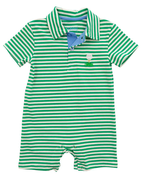 Golf Polo Romper in Green & White Stripes