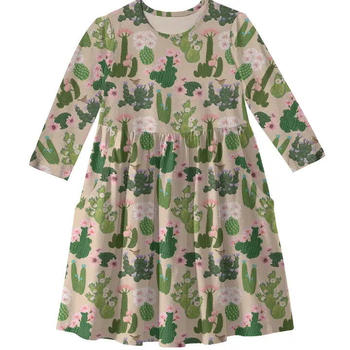 Cactus Flowers 3/4 Sleeve Pocket Dress