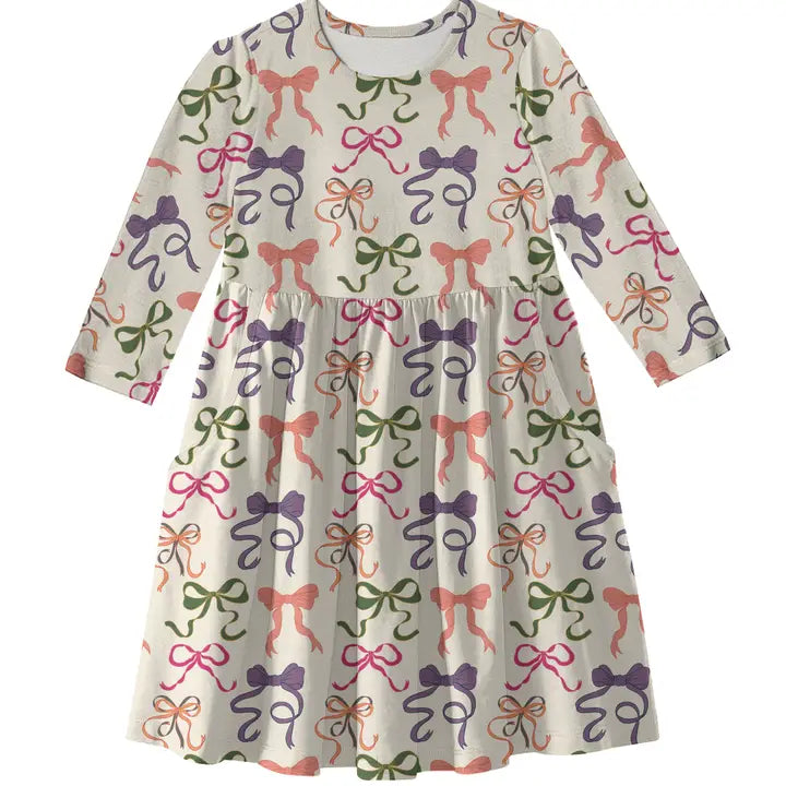 3/4 Sleeve Pocket Bows Dress 3T