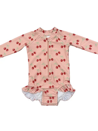 Cherries One-Piece Ruffle Rash Guard Swimsuit