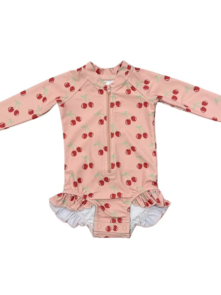 Cherries One-Piece Ruffle Rash Guard Swimsuit