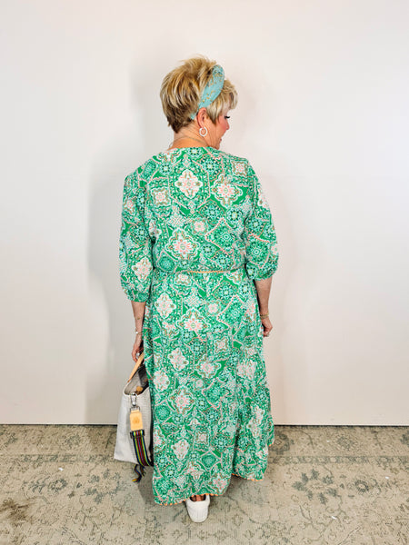 Green Floral Midi Tiered Dress