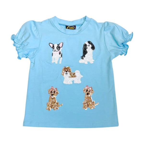 Puppy Applique Puff Sleeve Shirt