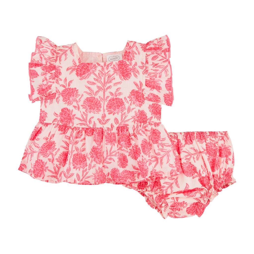 Pink Block Print Floral Pinafore Set