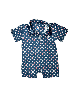 Banks Performance Polo Romper in Navy Baseball Print