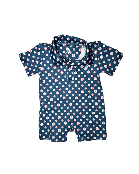 Banks Performance Polo Romper in Navy Baseball Print