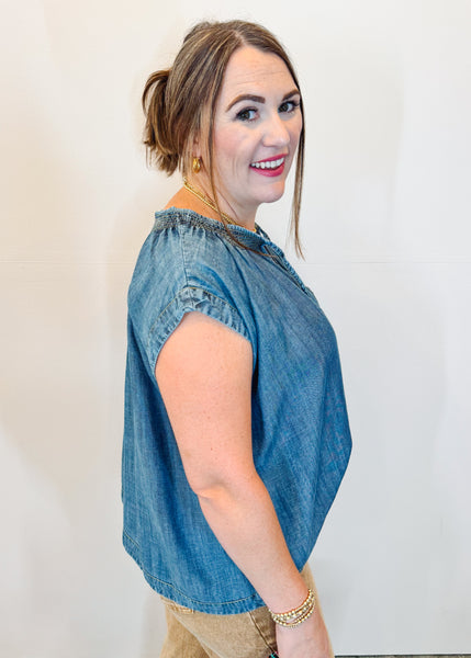 Smock Neck Denim Top - Indigo
