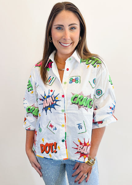 White Mahjong Icon Rainbow Collared Top