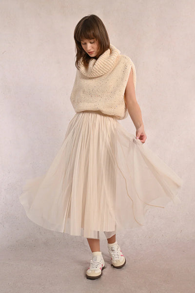 Off White Long Pleated Tulle Skirt