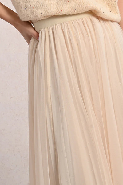 Off White Long Pleated Tulle Skirt