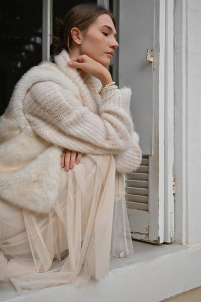 Off White Long Pleated Tulle Skirt