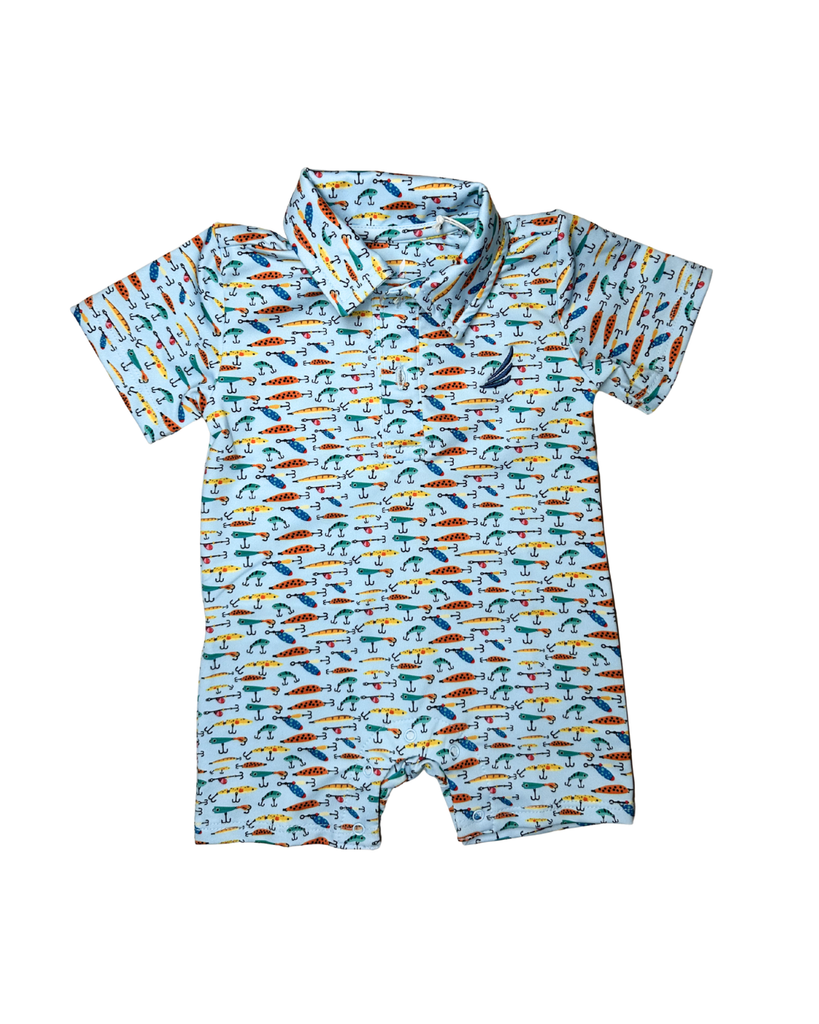 Banks Performance Polo Romper in Fishing Lures Print