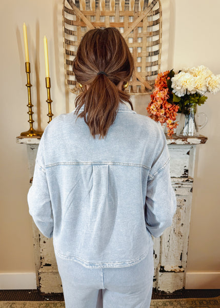 All Day Cropped Knit Jacket- Washed Indigo