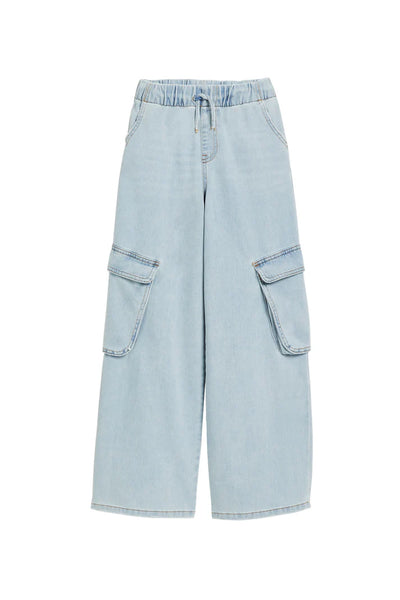 Cargo Pocket Pull On Wide Leg with Drawstring- Light Indigo