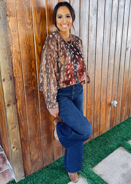 Brown Deer Print Sequin Sweatshirt