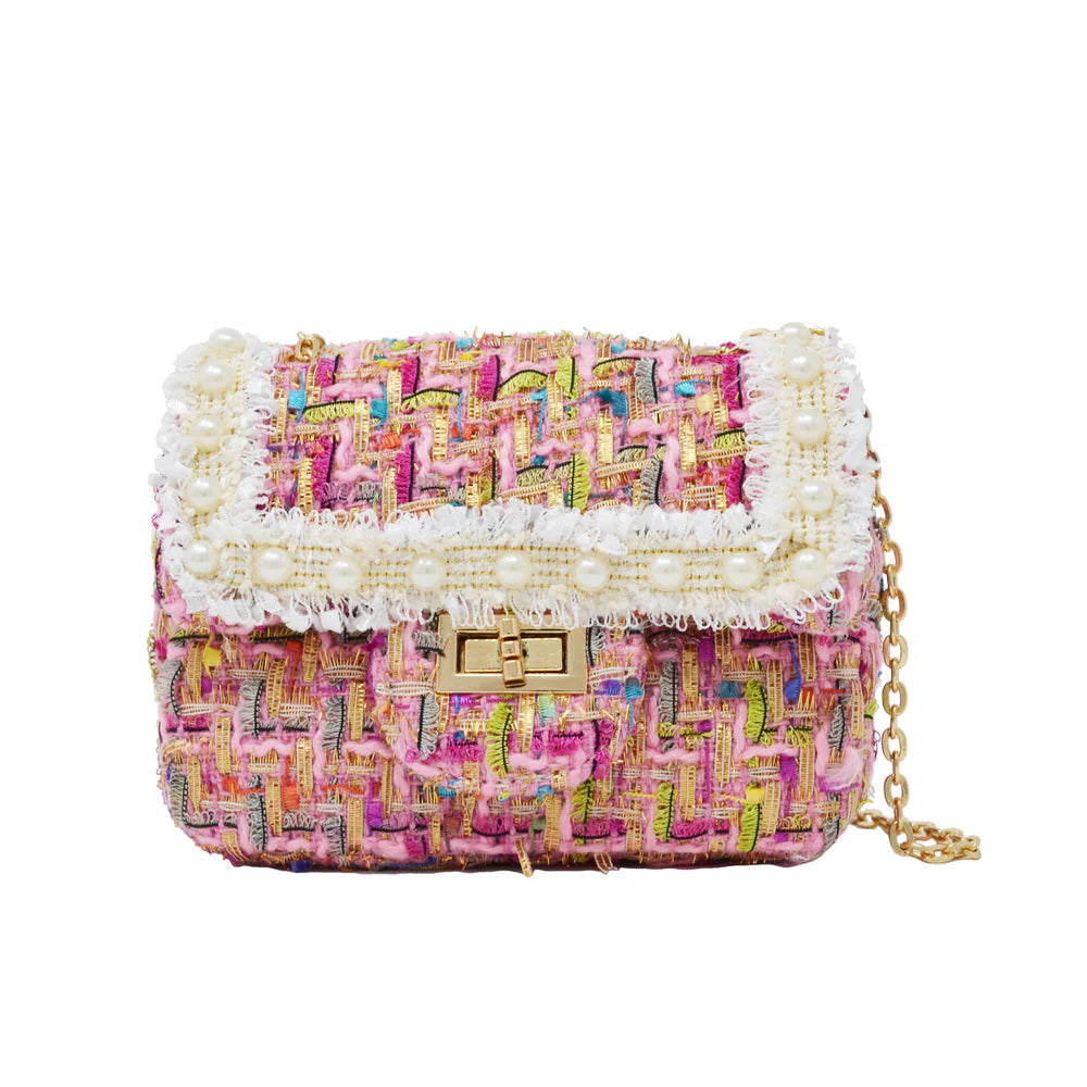 Classic Pink Tweed Pearl Handbag