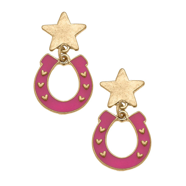 Lucky Star Enamel Horseshoe Earrings in Fuchisa